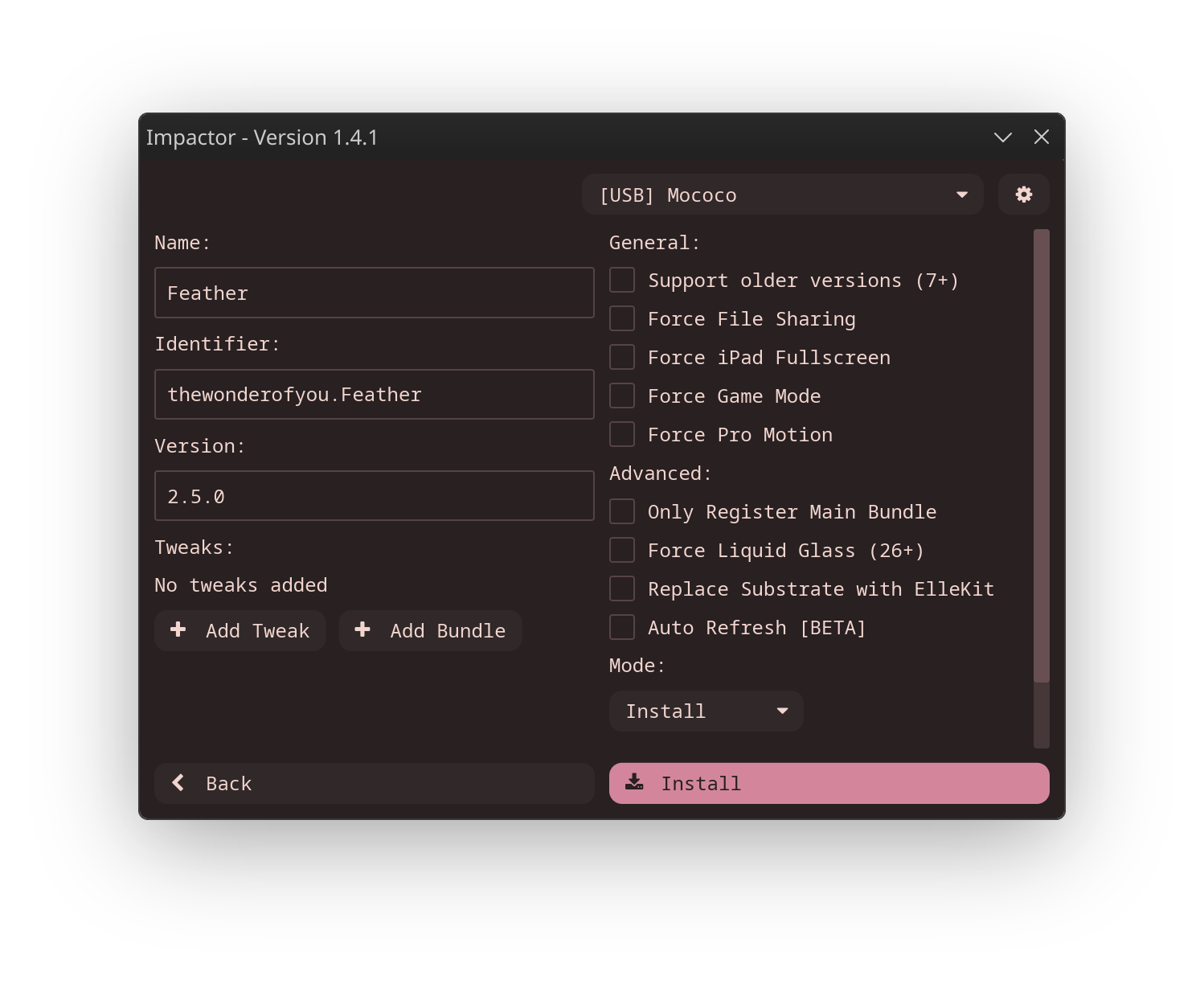 PlumeImpactor application interface in dark mode